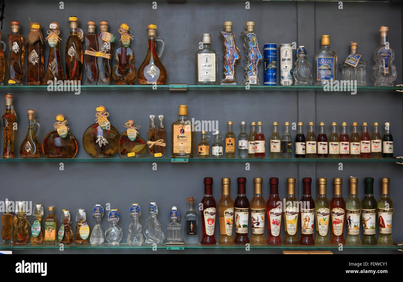 Crete, in the Old Town of Chania, display of a business with spirits Stock Photo