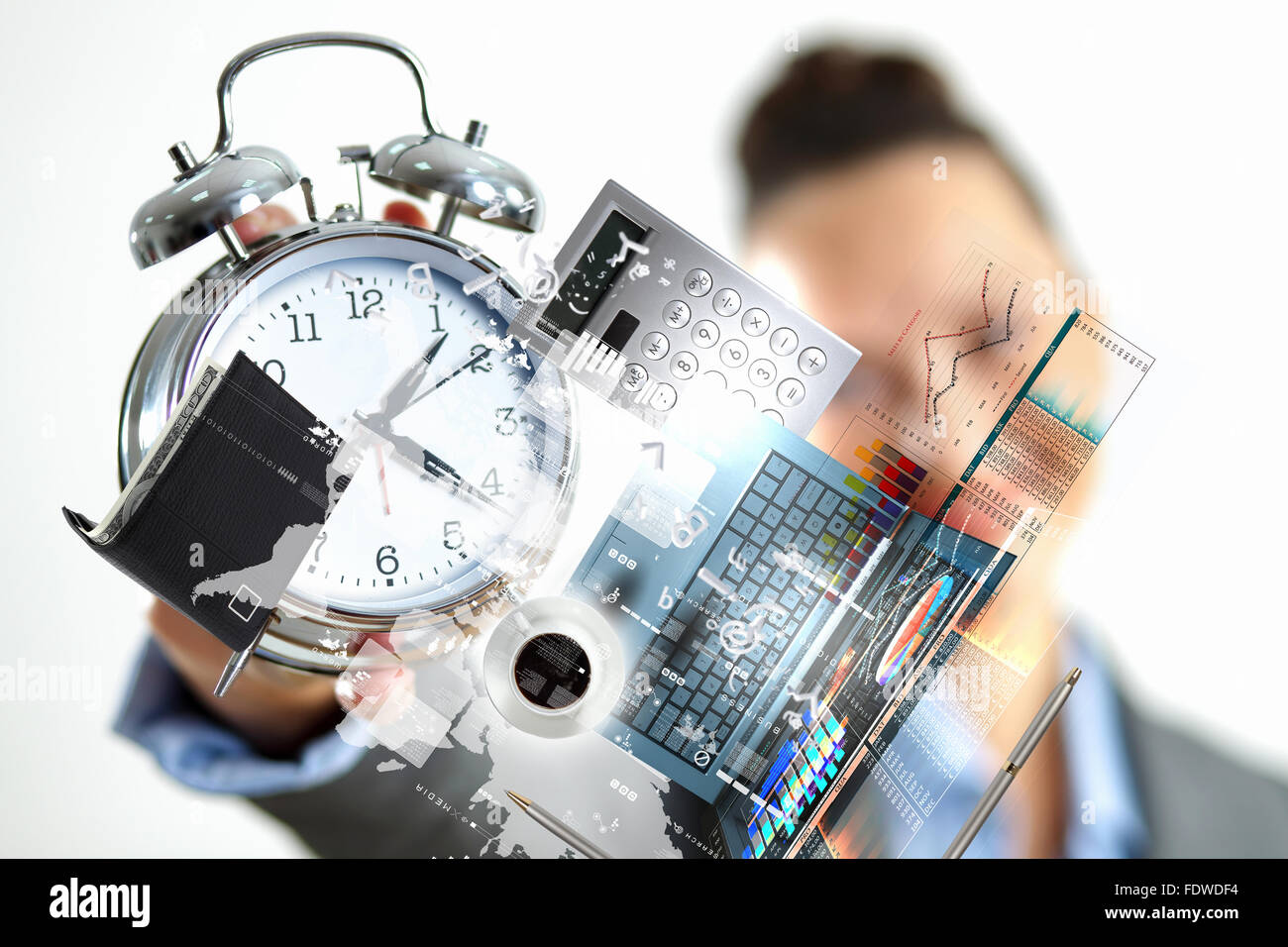Time in business illustration with clock in hands of businesswoman Stock Photo