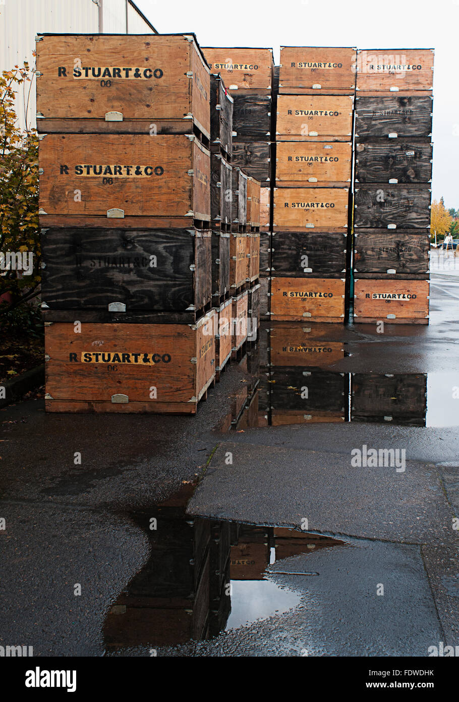 Crates of wine sitting on the loading dock at R Stuart and Co in McMinnville, Oregon. Stock Photo