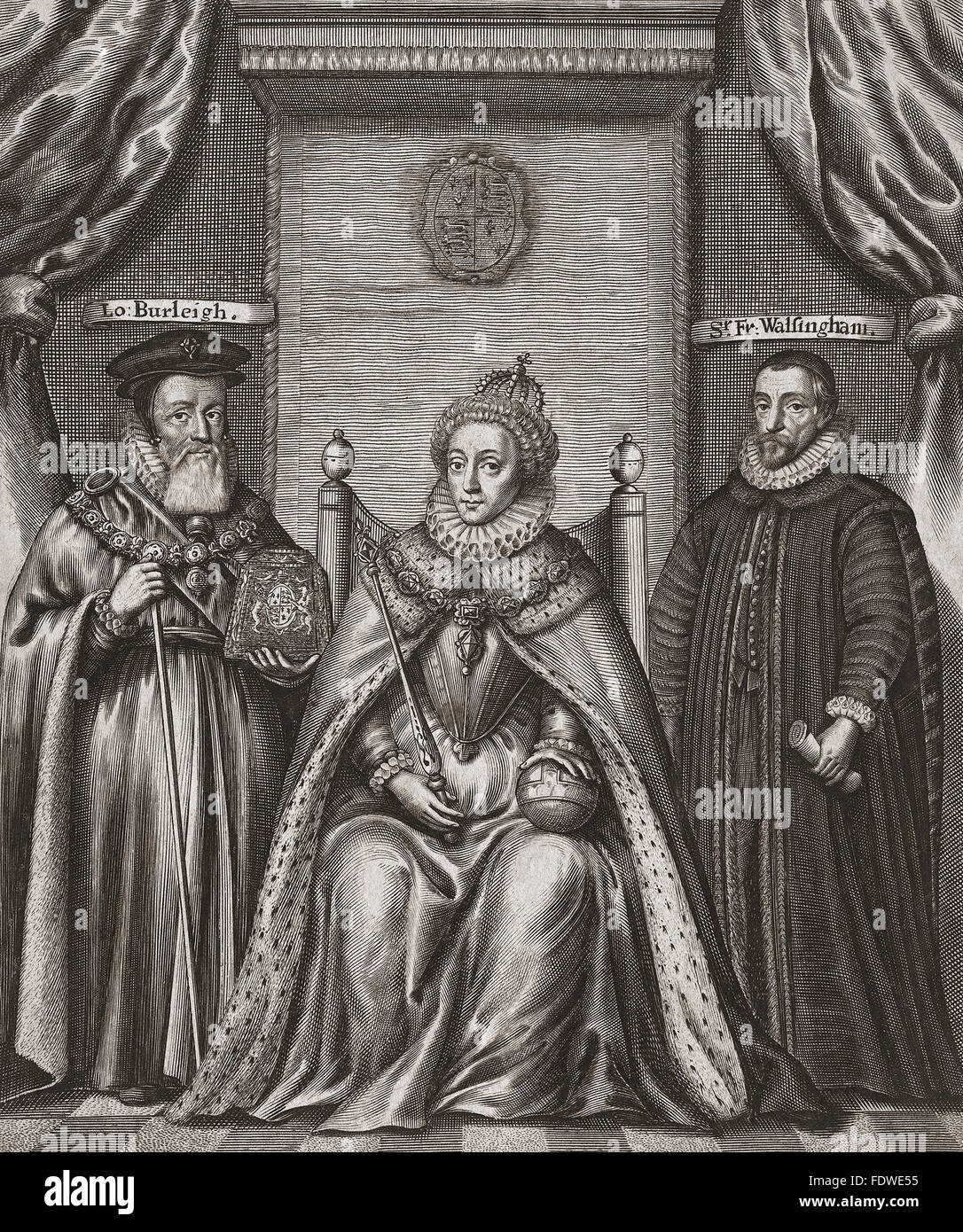 From left to right: William Cecil, 1st Baron Burghley, 1520-1598. Statesman, advisor to Queen Elizabeth I.  Queen Elizabeth I, 1568-1603.  Monarch of England and Ireland.  Sir Francis Walsingham, 1532-1590.  Principal secretary to Queen Elizabeth I.  From a 17th century line engraving. Stock Photo