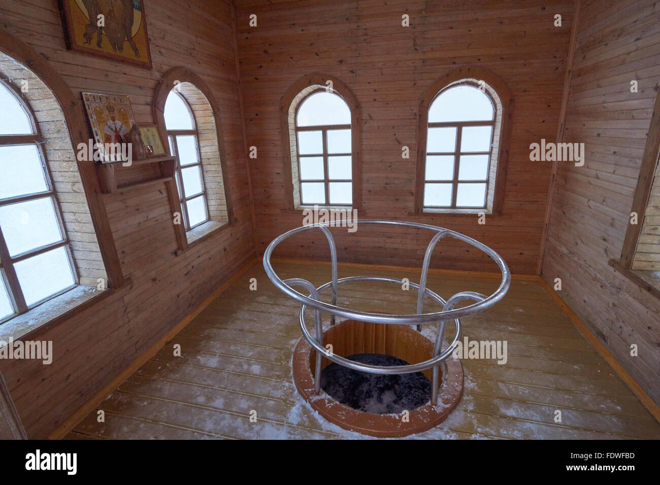 Inside the chapel over the head spring of Volga in Volgoverkhovye. Volgoverkhovye is a village in Russian Tver region. Stock Photo