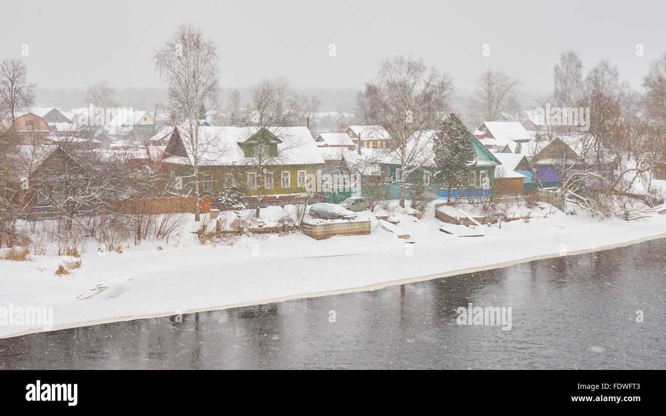 Winter view on Russian town Peno in Tver region. The river is upper Volga. Stock Photo