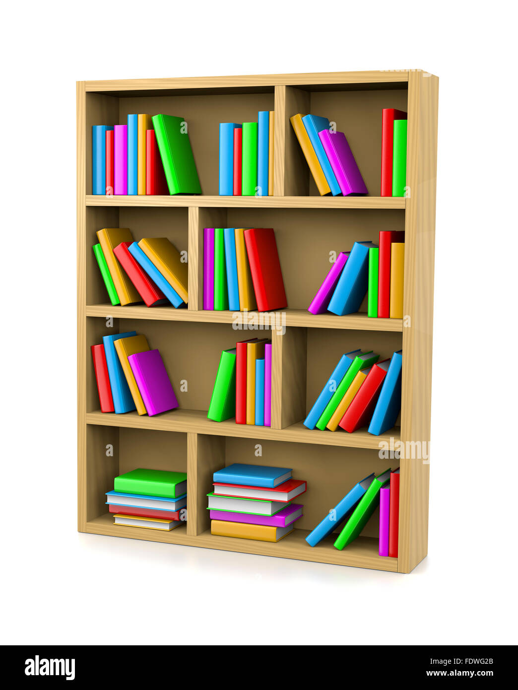 Wooden Bookshelf on White Background 3D Illustration Stock Photo