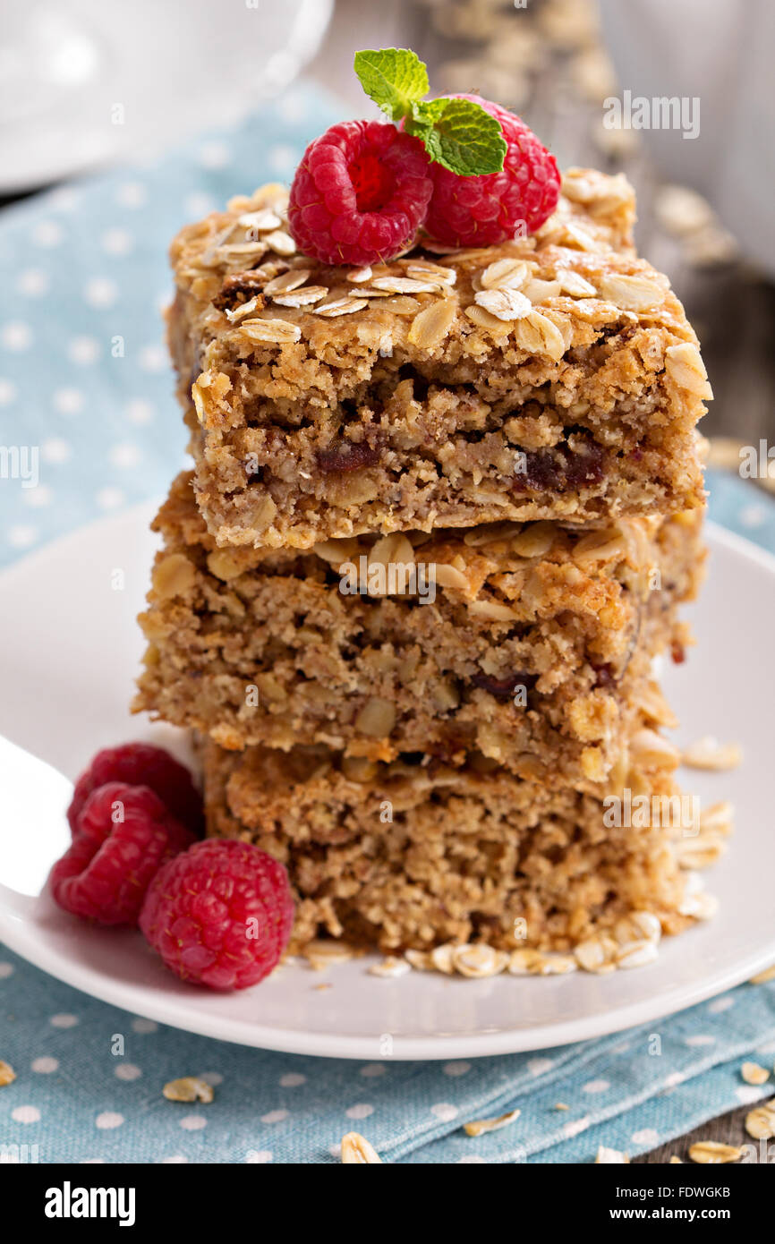 Oat bar cookies with raspberries and mint Stock Photo