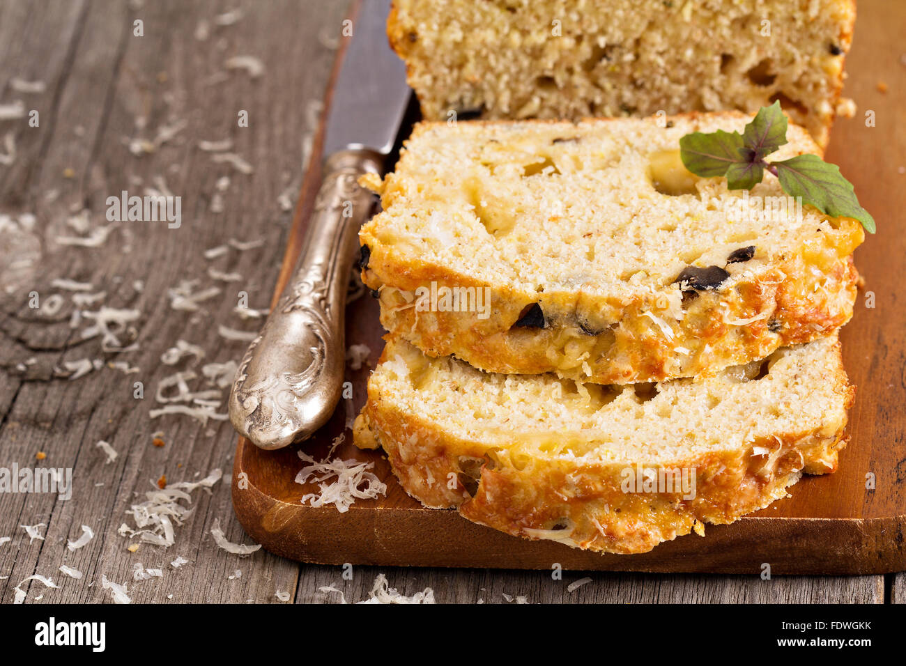 Savoury loaf cake with cheese and olives Stock Photo