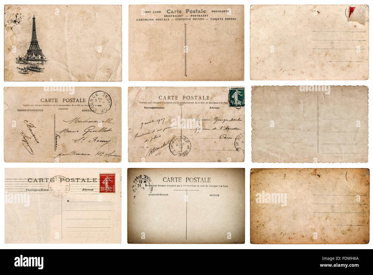 Antique french postcard with stamp from Paris. Scrapbook elements Stock Photo