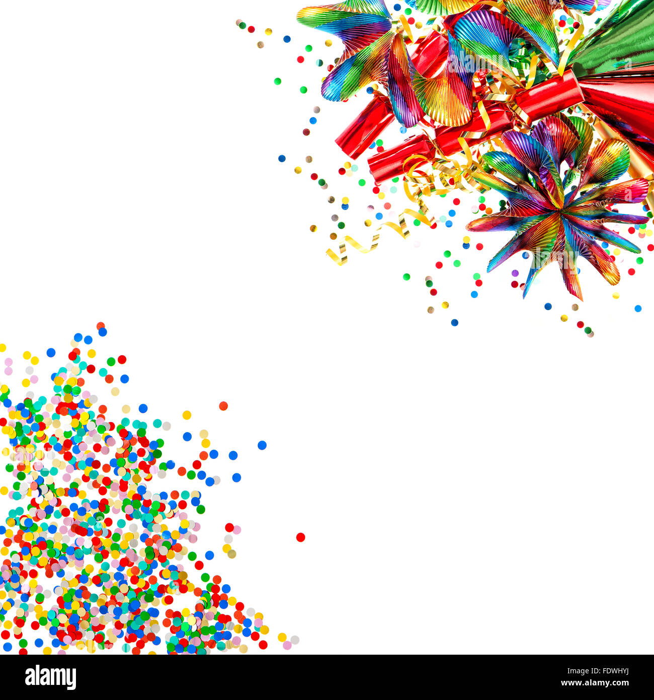 Garlands, streamer, cracker, party hats and confetti. Decoration Stock Photo