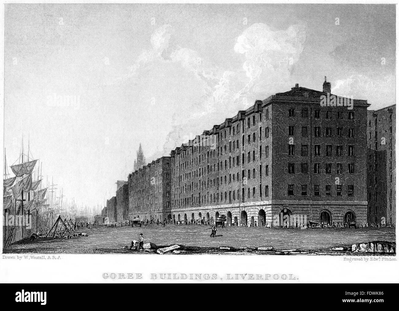 An engraving of Goree Buildings, Liverpool Docks scanned at high resolution from a book printed in 1834. Believed copyright free. Stock Photo