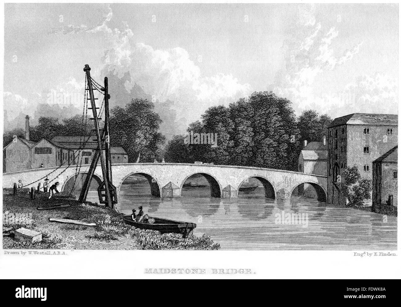 An engraving of Maidstone Bridge scanned at high resolution from a book printed in 1834. Believed copyright free. Stock Photo