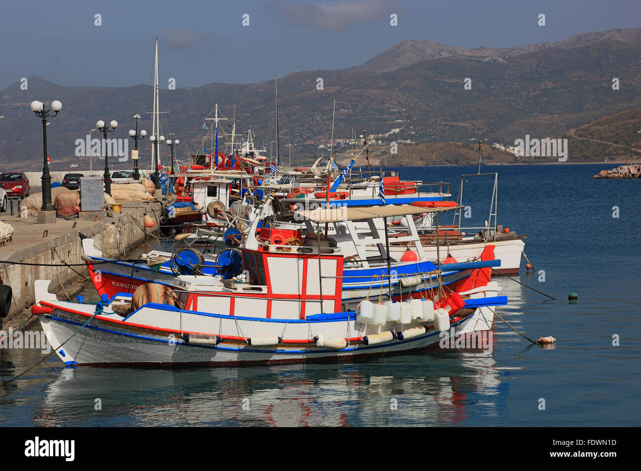 Sitia, small port in the eastern part of the Greek island Crete, coloured fishing boats in the harbour Stock Photo