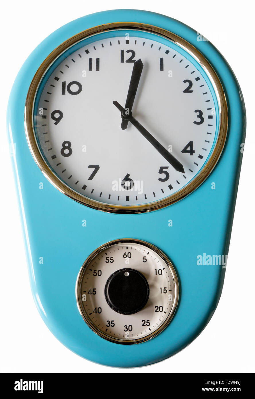 Blue kitchen clock and egg timer isolated on a white background.  Model Release: No.  Property Release: No. Stock Photo