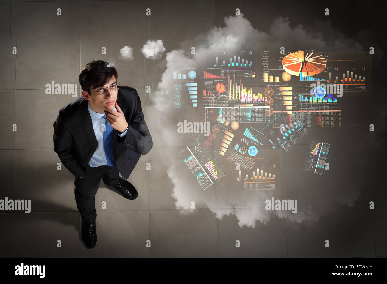 Top view of young businessman making decision diagram in air Stock Photo