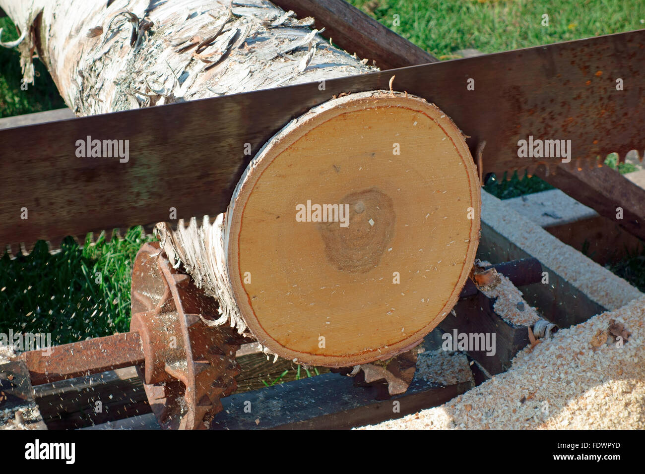 an antique log sawing machine Stock Photo