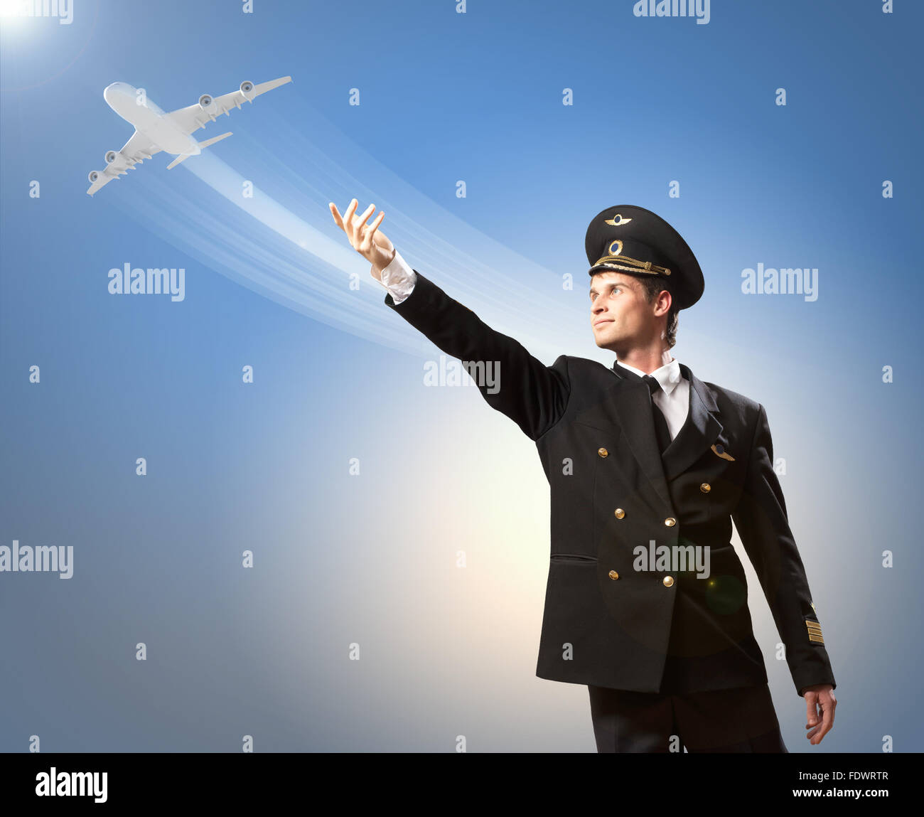 Image of pilot touching sky against airplane background Stock Photo - Alamy