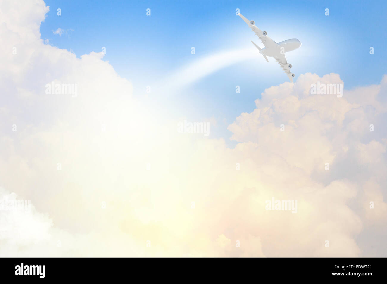 Image of flying airplane in clear sky with sun at background Stock ...