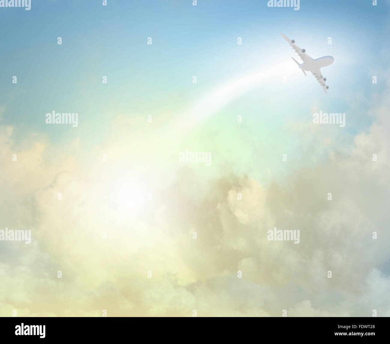 Image of flying airplane in clear sky with sun at background Stock ...