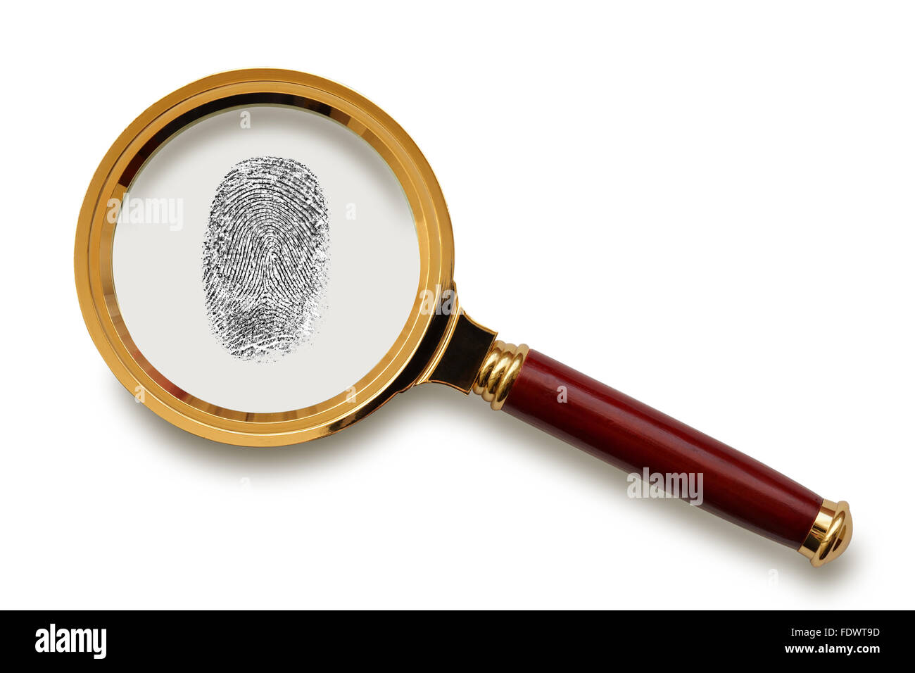 Magnifying glass with fingerprint  isolated on the white background, clipping path included. Stock Photo