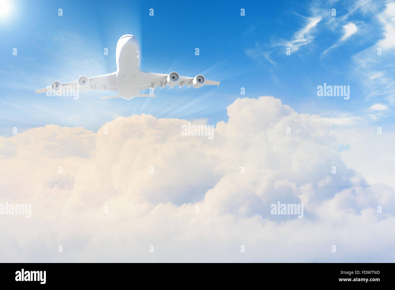 Image of flying airplane in sky with clouds at background Stock Photo ...