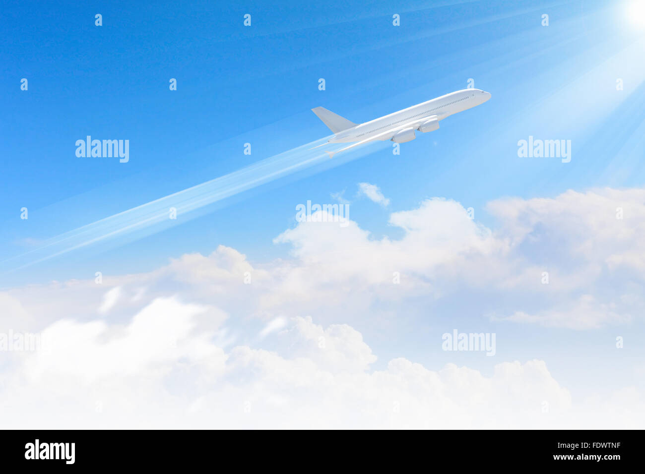 Image of flying airplane in sky with clouds at background Stock Photo ...