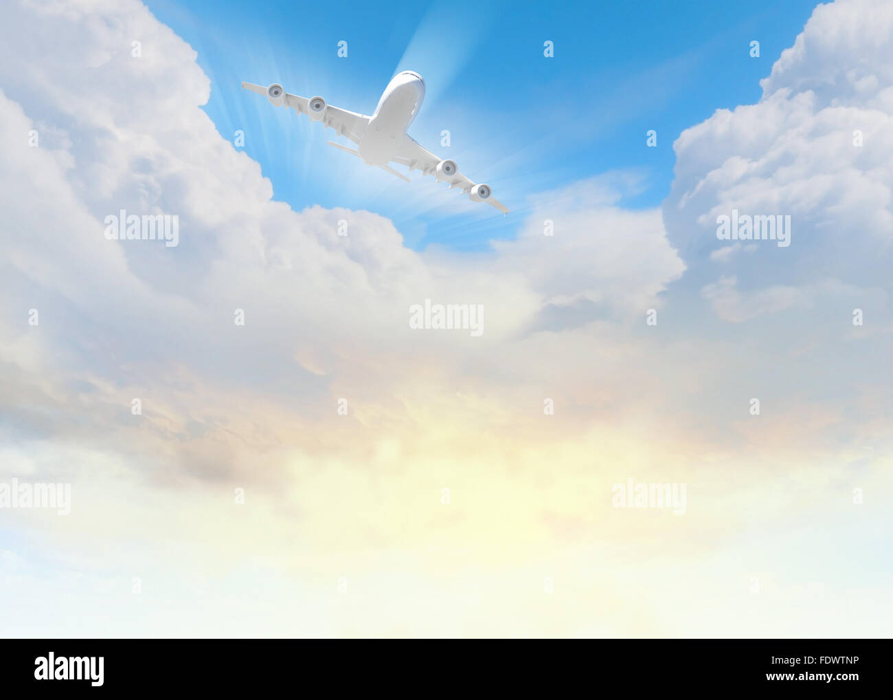 Image of flying airplane in sky with clouds at background Stock Photo ...