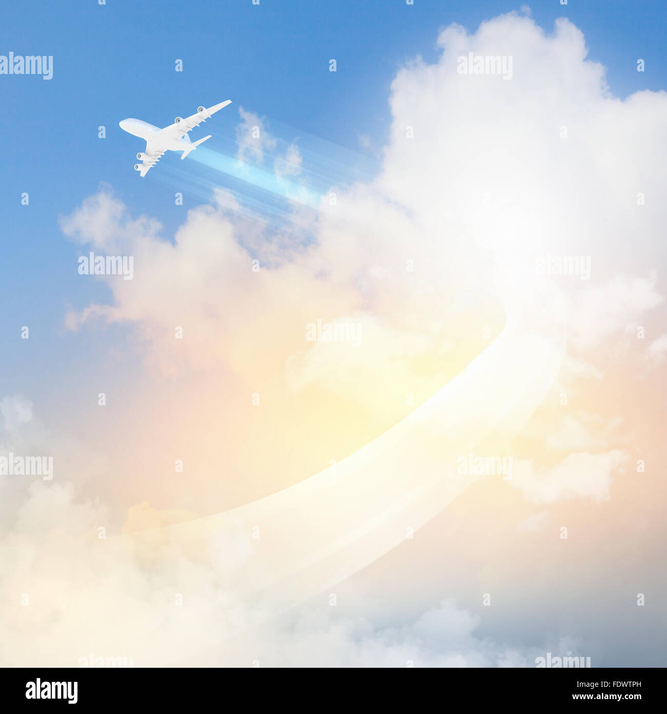 Image of flying airplane in sky with clouds at background Stock Photo Alamy