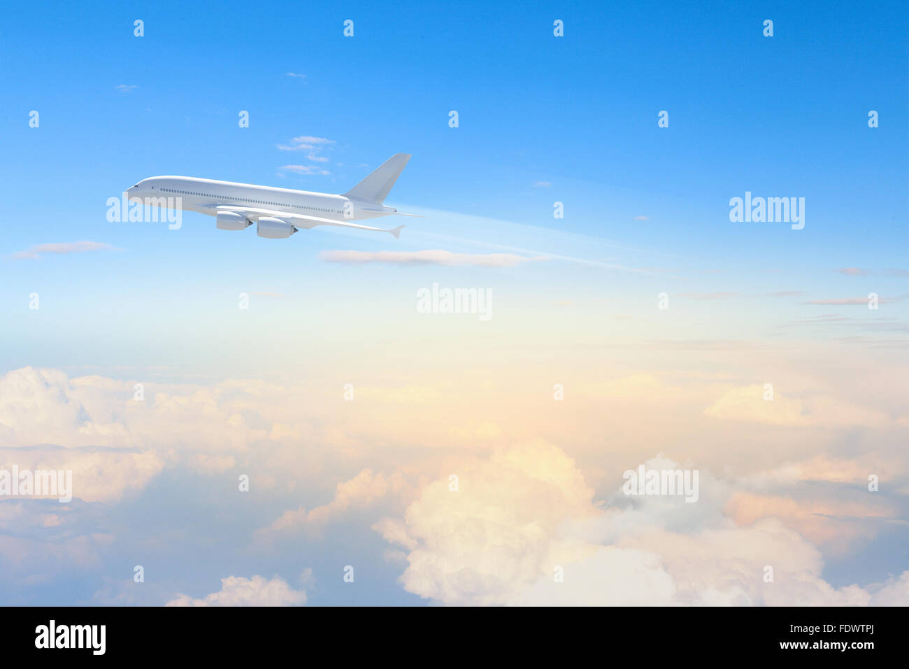 Image of flying airplane in sky with clouds at background Stock Photo Alamy