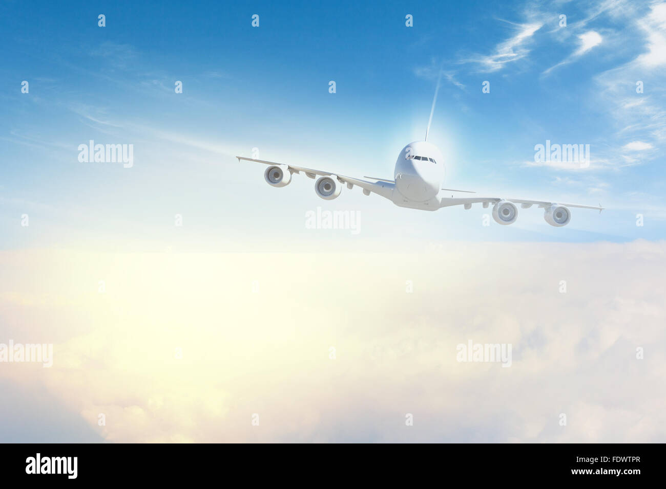 Image of flying airplane in sky with clouds at background Stock Photo Alamy