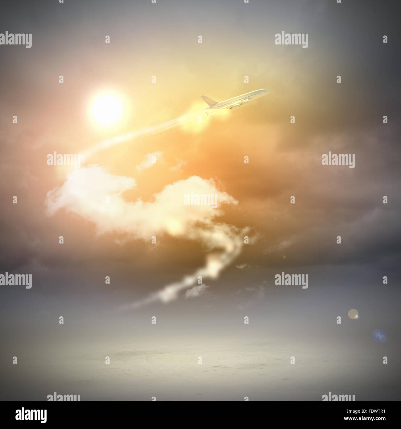 Image of flying airplane in sky with clouds at background Stock Photo ...