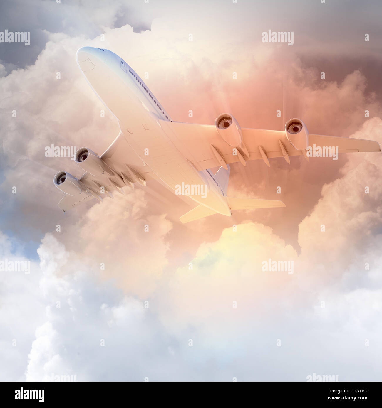 Image of flying airplane in sky with clouds at background Stock Photo ...