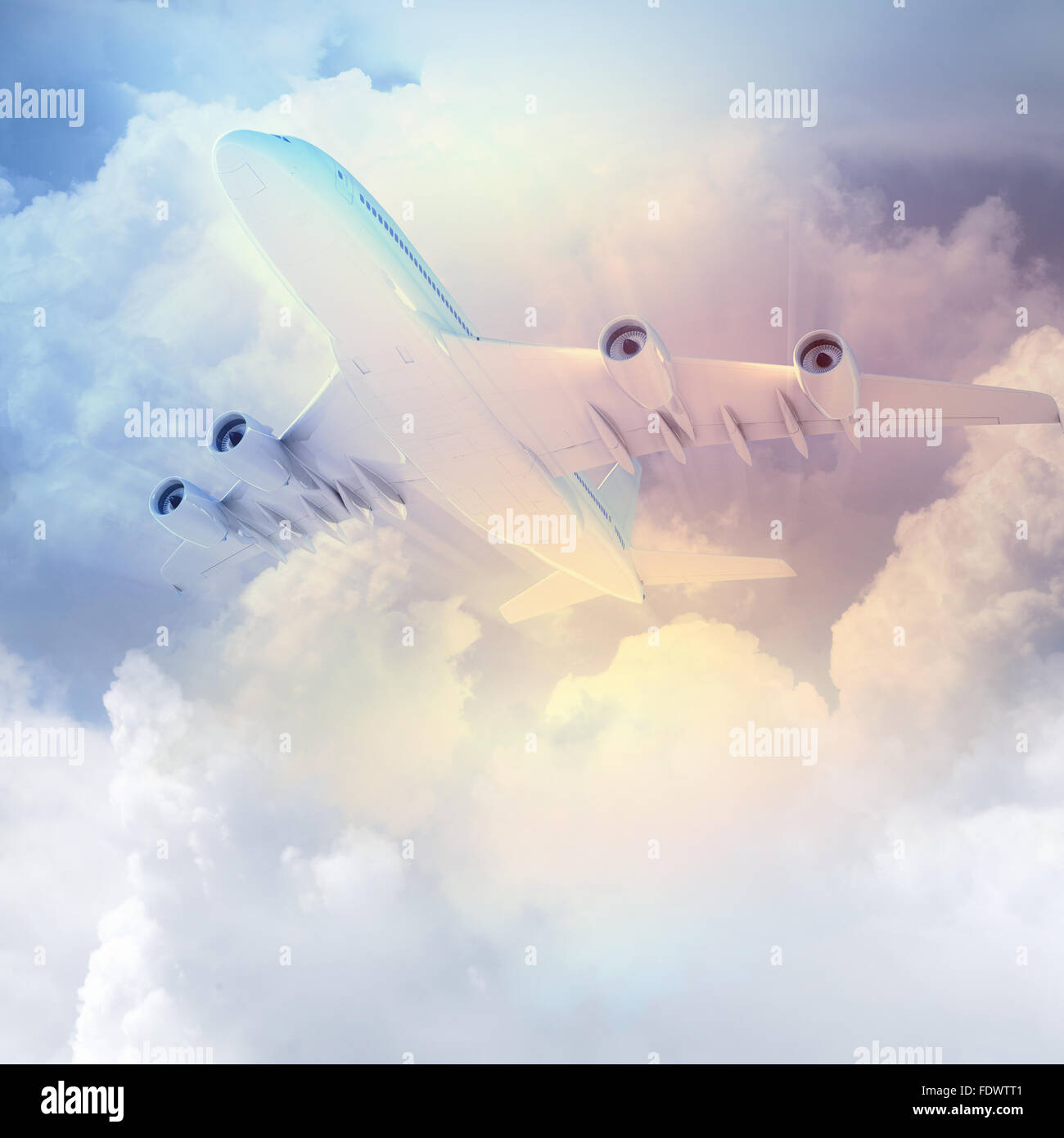 Image of flying airplane in sky with clouds at background Stock Photo ...