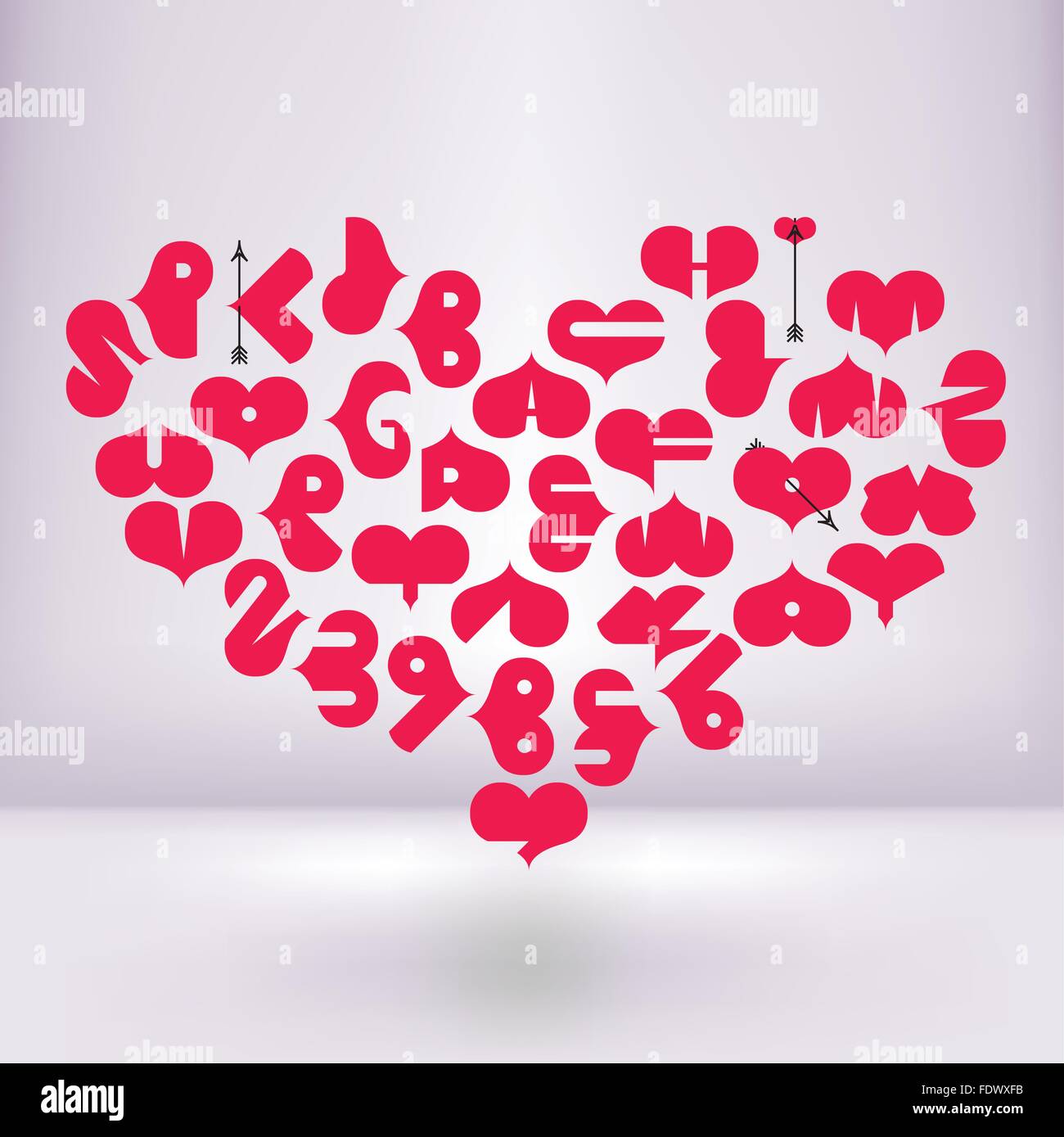 Heart shaped font with letters and numerals in a white room Stock Vector