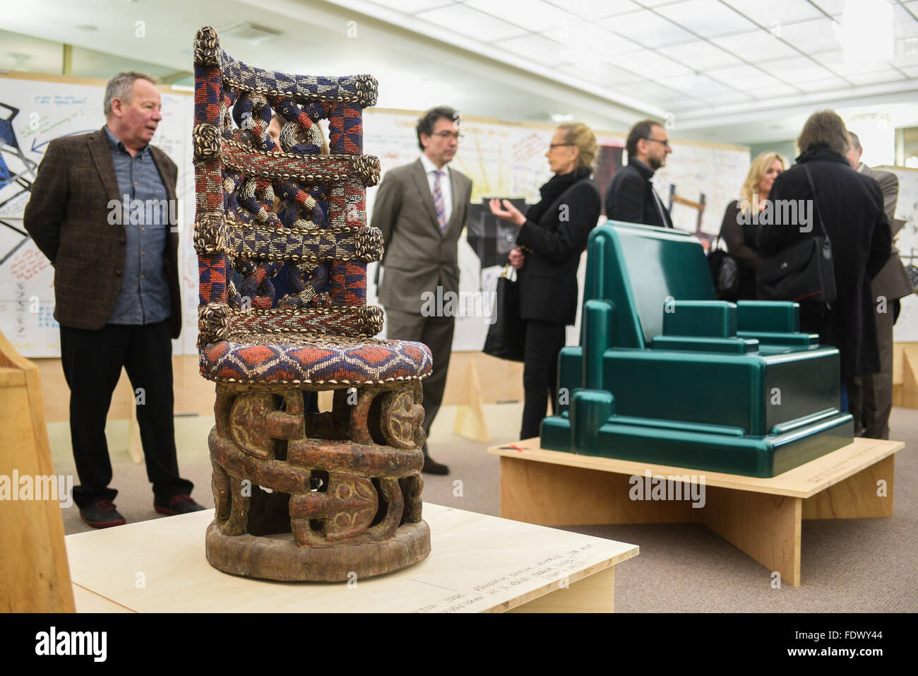 Nuremberg, Germany. 1st Feb, 2016. A chair from the Bamum kingdom from Cameroon (pre-1931) on show at the exhibition Sitzpunkte - Was ist ein guter Stuhl? (lit. sitting points - what is a good chair) in Nuremberg, Germany, 1 February 2016. The exhibition runs from 02 to 19 February 2016 at the Heimatministerium in Nuremberg. Photo: Nicolas Armer/dpa/Alamy Live News Stock Photo