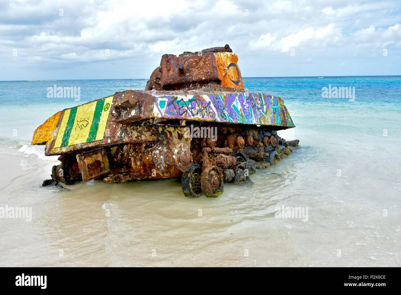 Old military tank abandoned on Flamenco beach of Culebra island, Puerto Rico, USA Stock Photo