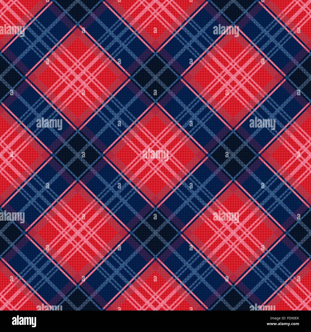 Diagonal contrast seamless vector pattern as a tartan plaid in red and blue colors Stock Vector