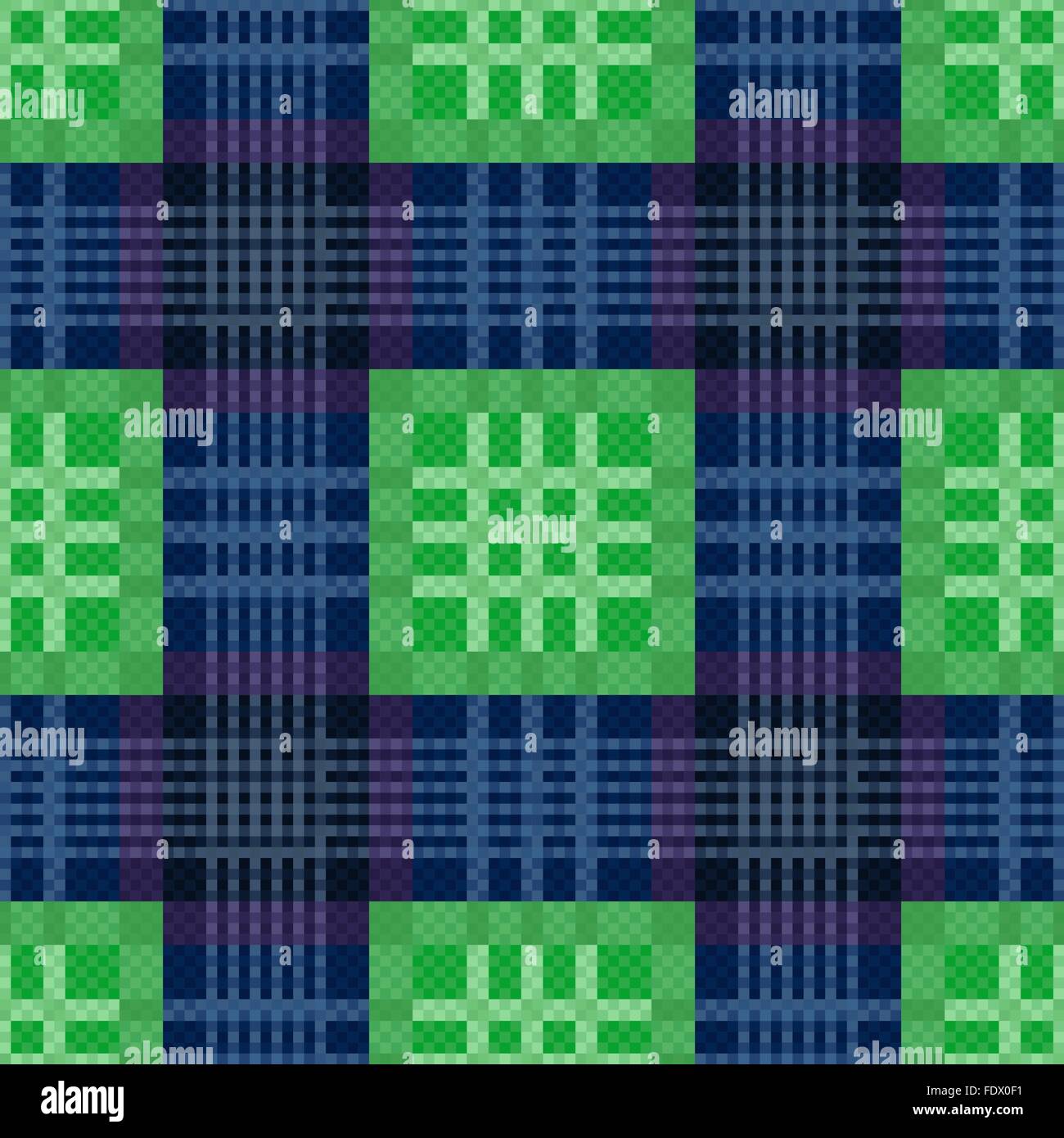 Rectangular contrast seamless vector pattern as a tartan plaid in green and blue colors Stock Vector