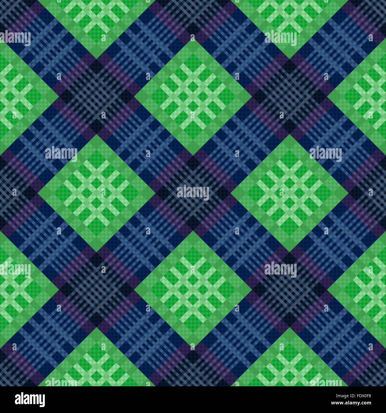 Diagonal contrast seamless vector pattern as a tartan plaid in green and blue colors Stock Vector
