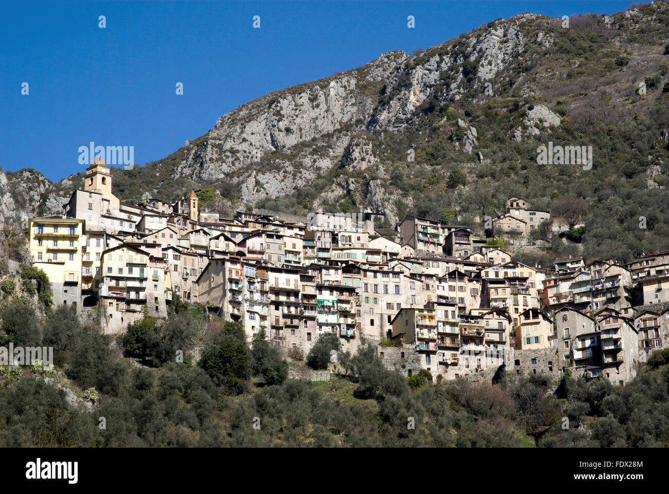 Saorge, Alpes Maritimes, France. Saorge is a very beautiful medieval village perched along a narrow rock spur in French Alps Stock Photo
