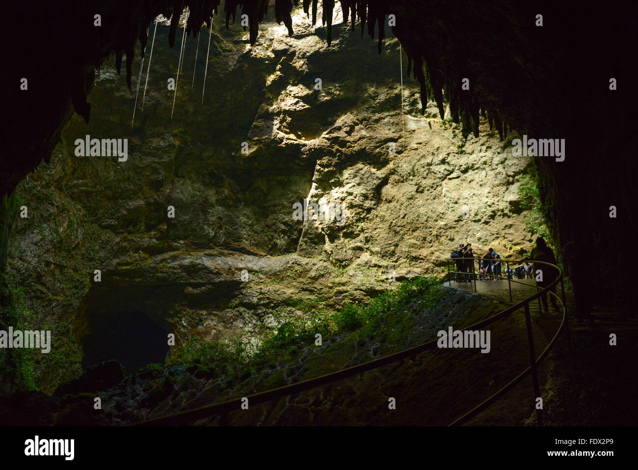 Tourists observing some stalactites at the Camuy River Cave Park. PUERTO RICO - Caribbean Island. US territory. Stock Photo