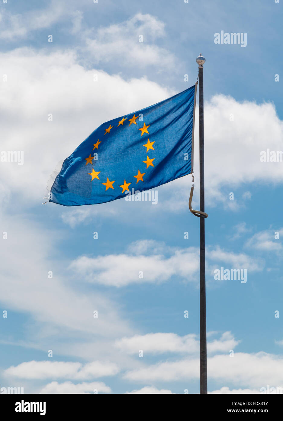 Flag of the European Union backlit by the sun Stock Photo