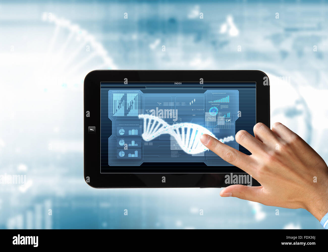 DNA helix abstract background on the tablet screen. Illustration Stock ...