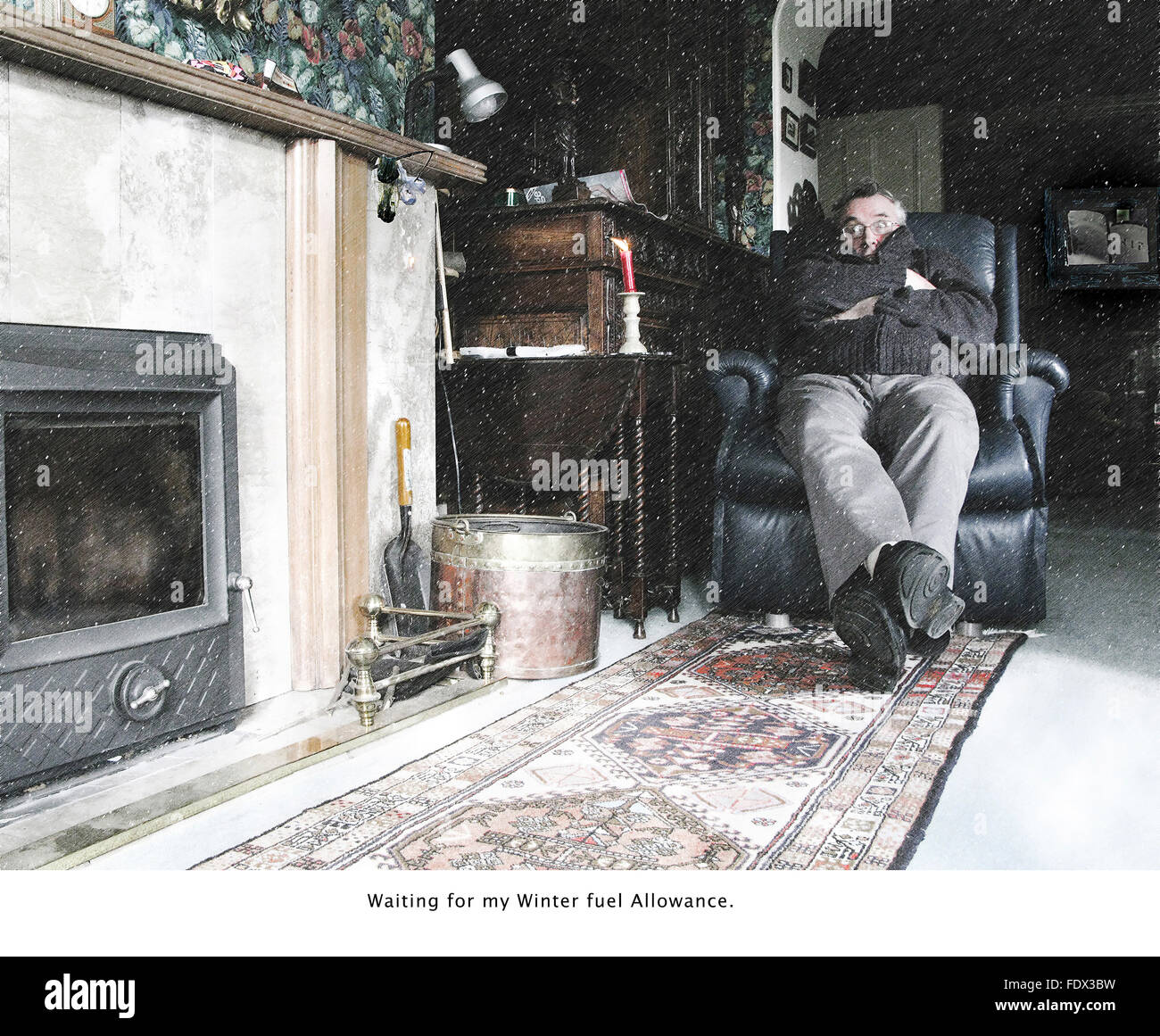 Man sitting in very cold room Stock Photo Alamy