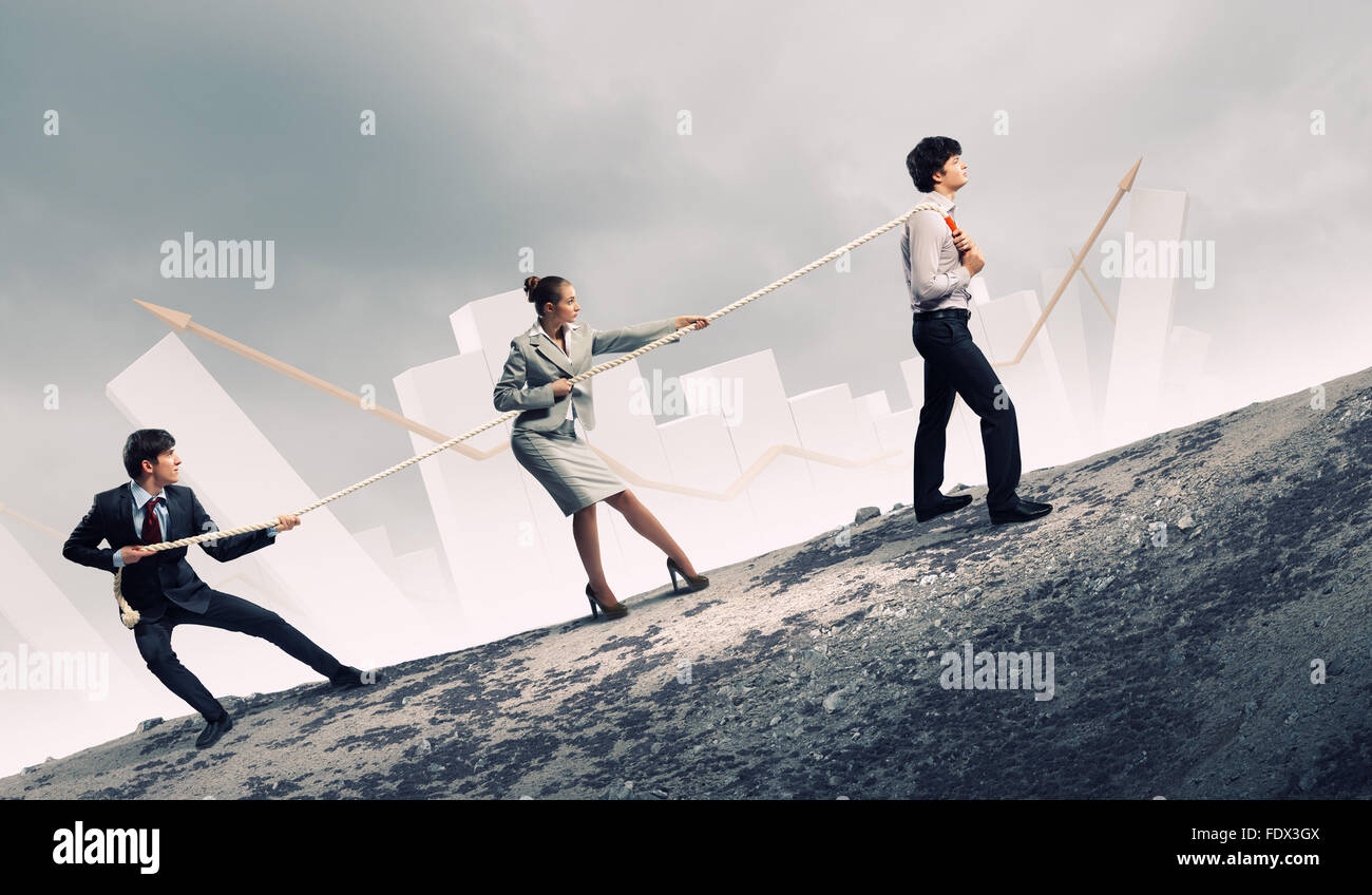 Image of three businesspeople pulling rope with bars picture in ...
