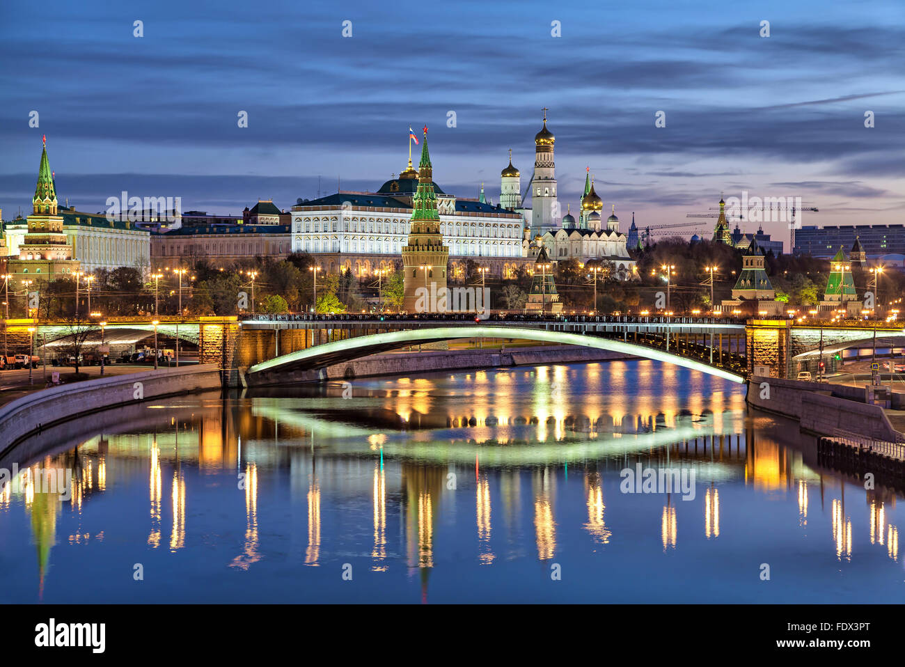 View on Bolshoy Kamenny Bridge and Kremlin in the morning, Russia Stock Photo