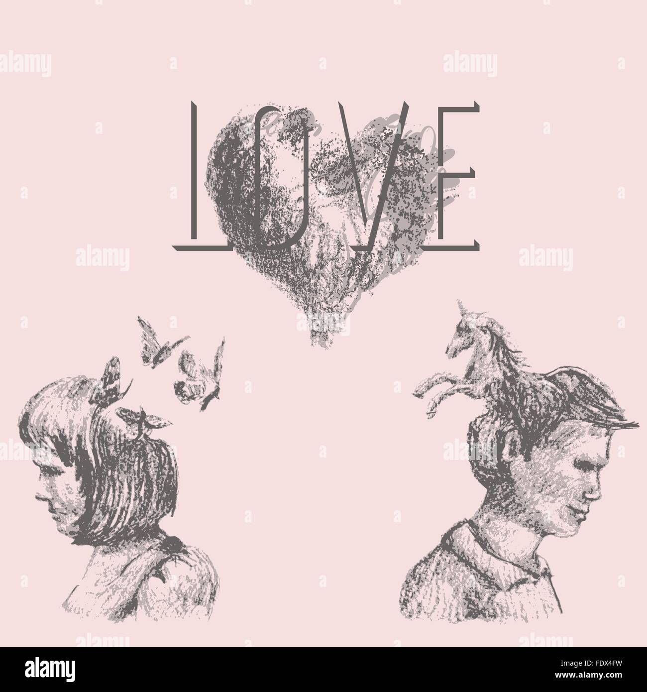 Artistic Drawing Of Love Concept With A Couple And Fantastic Imagery The Text Love The Heart The Woman And Butterflies The M Stock Vector Image Art Alamy Artistic Drawing Of Love Concept With A Couple And Fantastic Imagery The Text Love The Heart The Woman And Butterflies The M Stock Vector Image Art Alamy