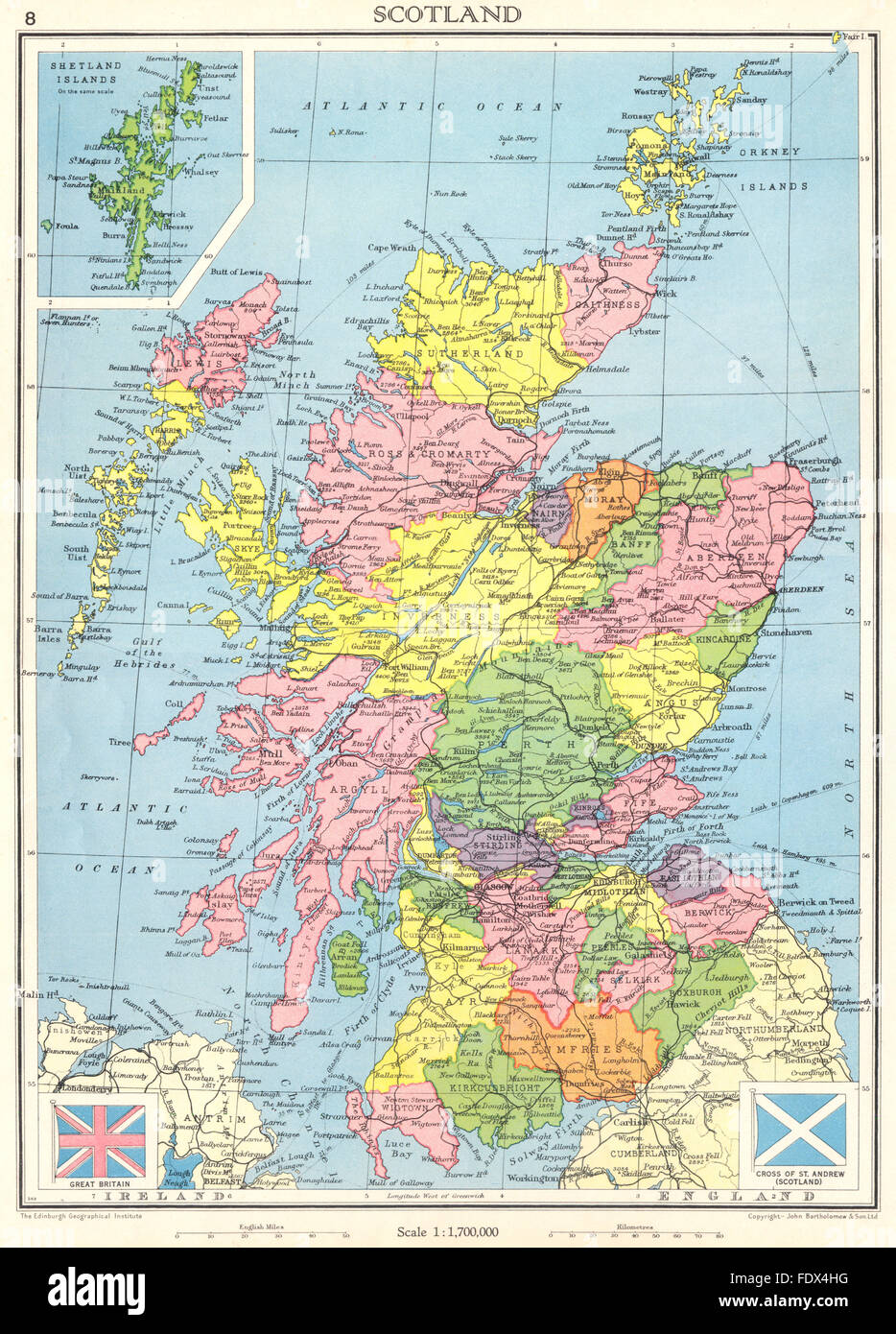 SCOTLAND: Showing counties., 1938 vintage map Stock Photo - Alamy