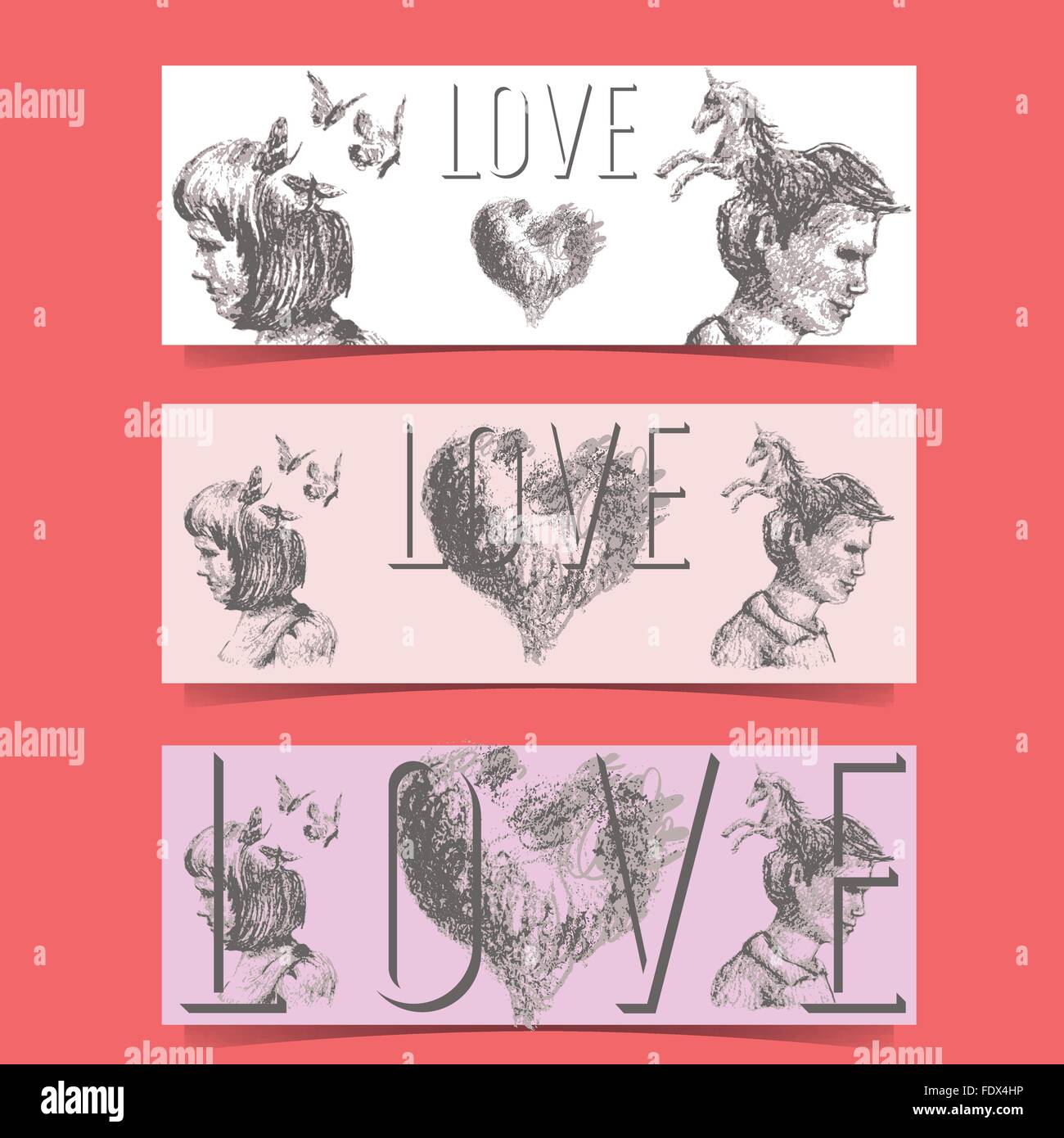 Love concept banners with a couple and fantastic imagery. The text Love