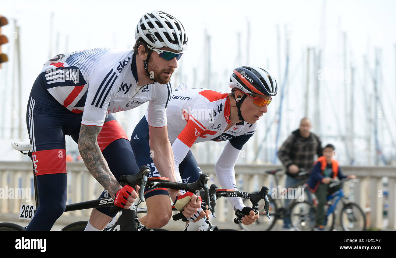The British cyclist Bradley Wiggins during the Cyclist Challenge 2016 on the Majorca roads, with the National British team. Stock Photo