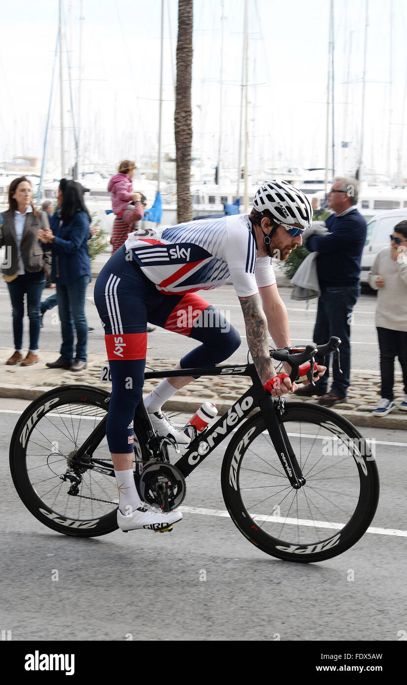 The British cyclist Bradley Wiggins during the Cyclist Challenge 2016 on the Majorca roads, with the National British team. Stock Photo