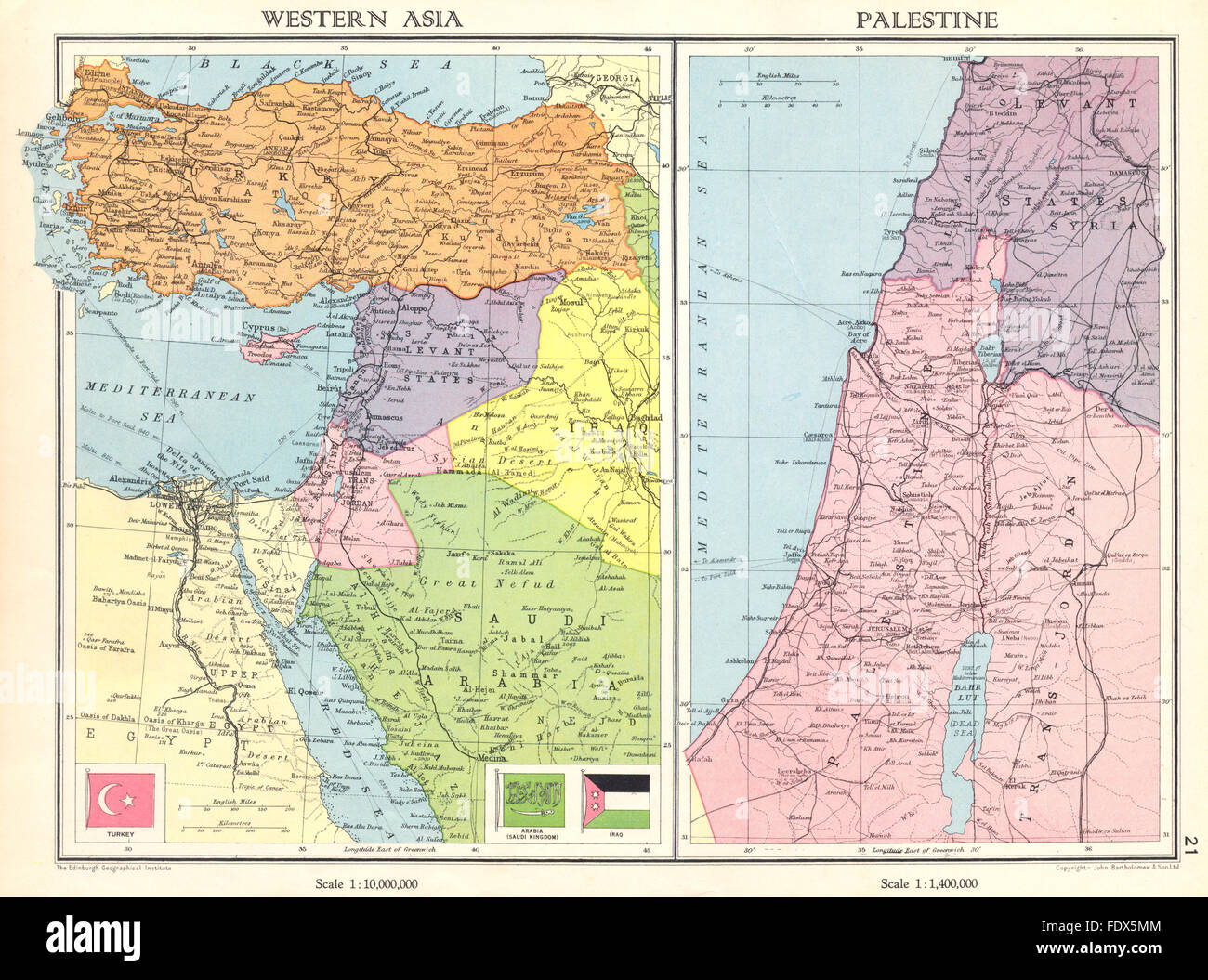 MIDDLE EAST: Turkey Transjordan Palestine Israel Syria Levant States, 1938 map Stock Photo - Alamy