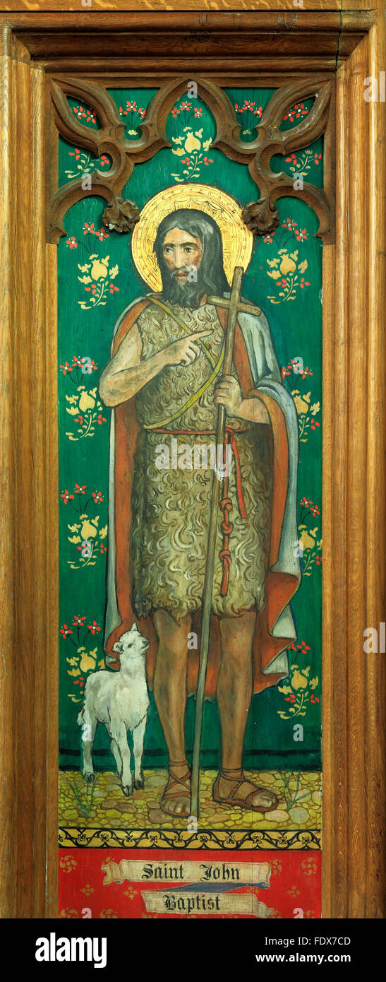 St. John the Baptist, painting on wooden reredos, painted panel, Christian Saint, Saints, lamb, Langham, Norfolk, England, UK Stock Photo